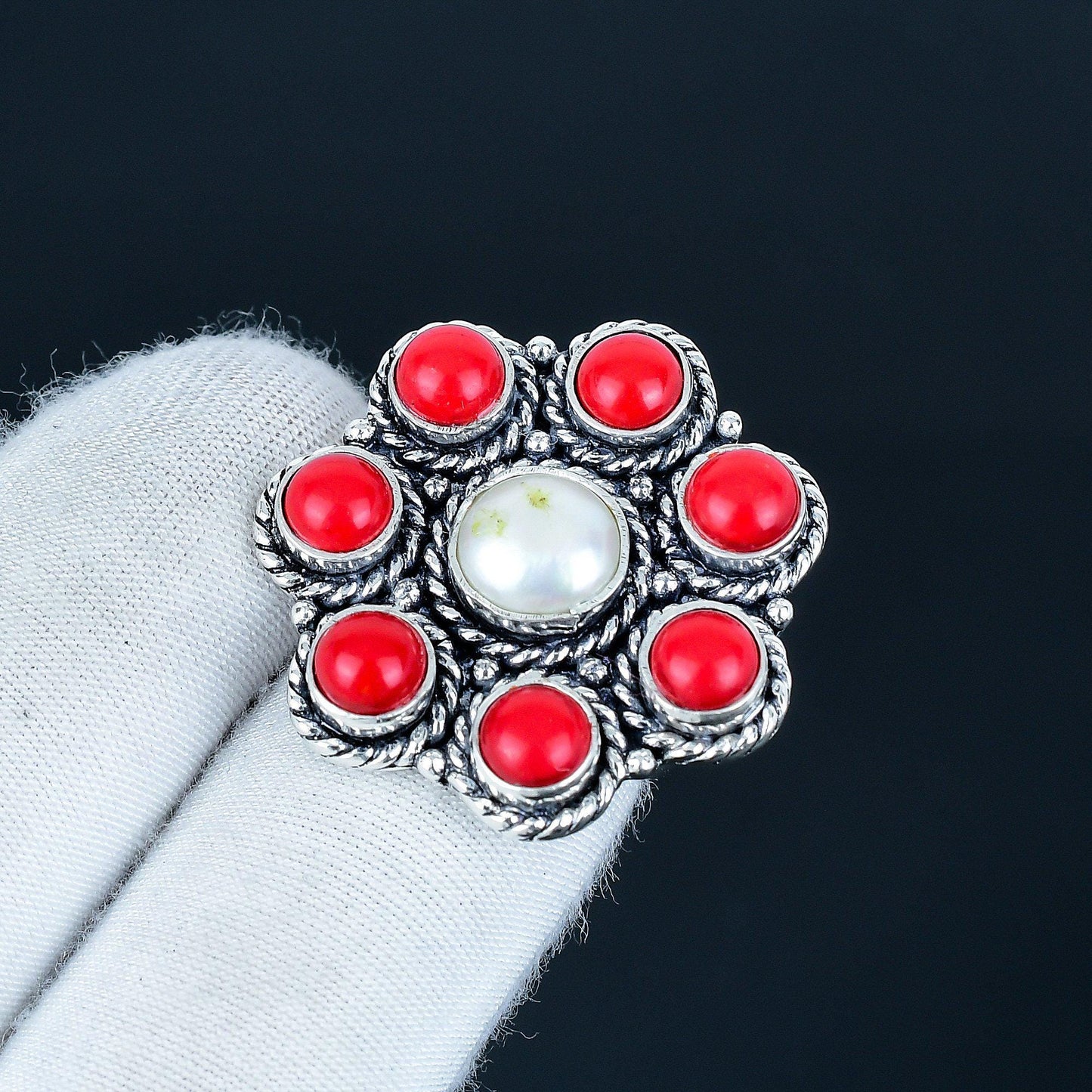 Red Coral & Pearl Sterling Silver Ring