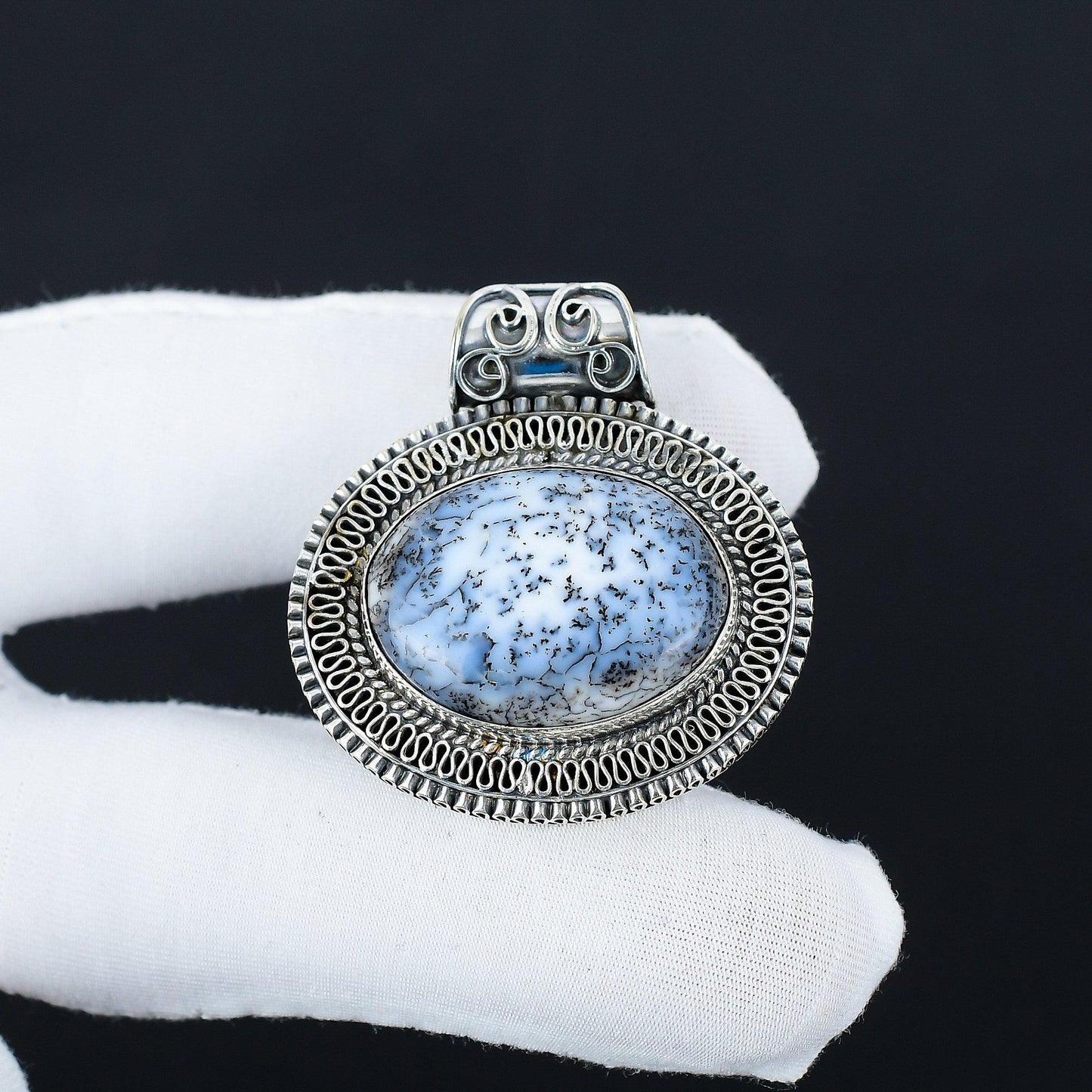White Dendrite Opal Gemstone Pendant