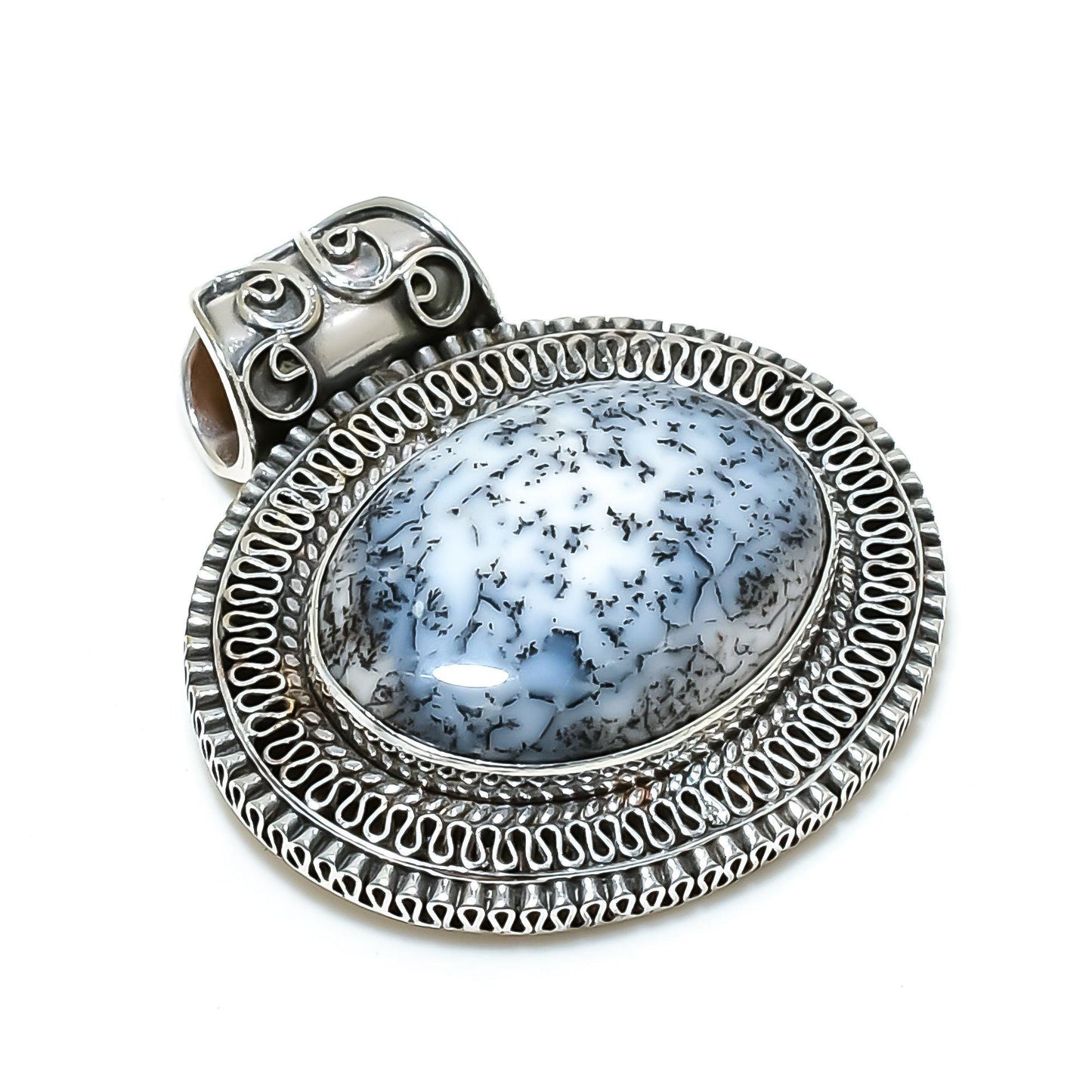 White Dendrite Opal Gemstone Pendant