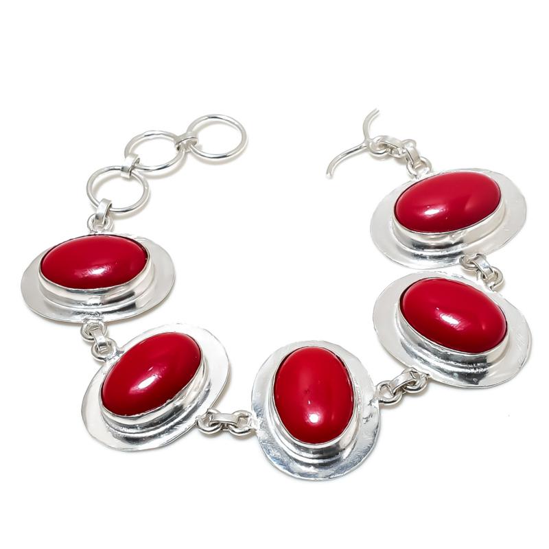 Red Coral Gemstone Silver Adjustable Bracelet
