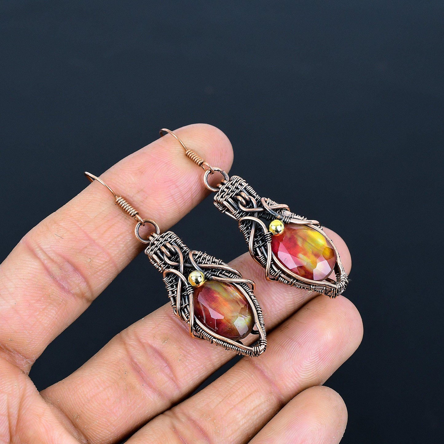 Multicolor Ammolite Gemstone Copper Wire Wrapped Dangle Earrings
