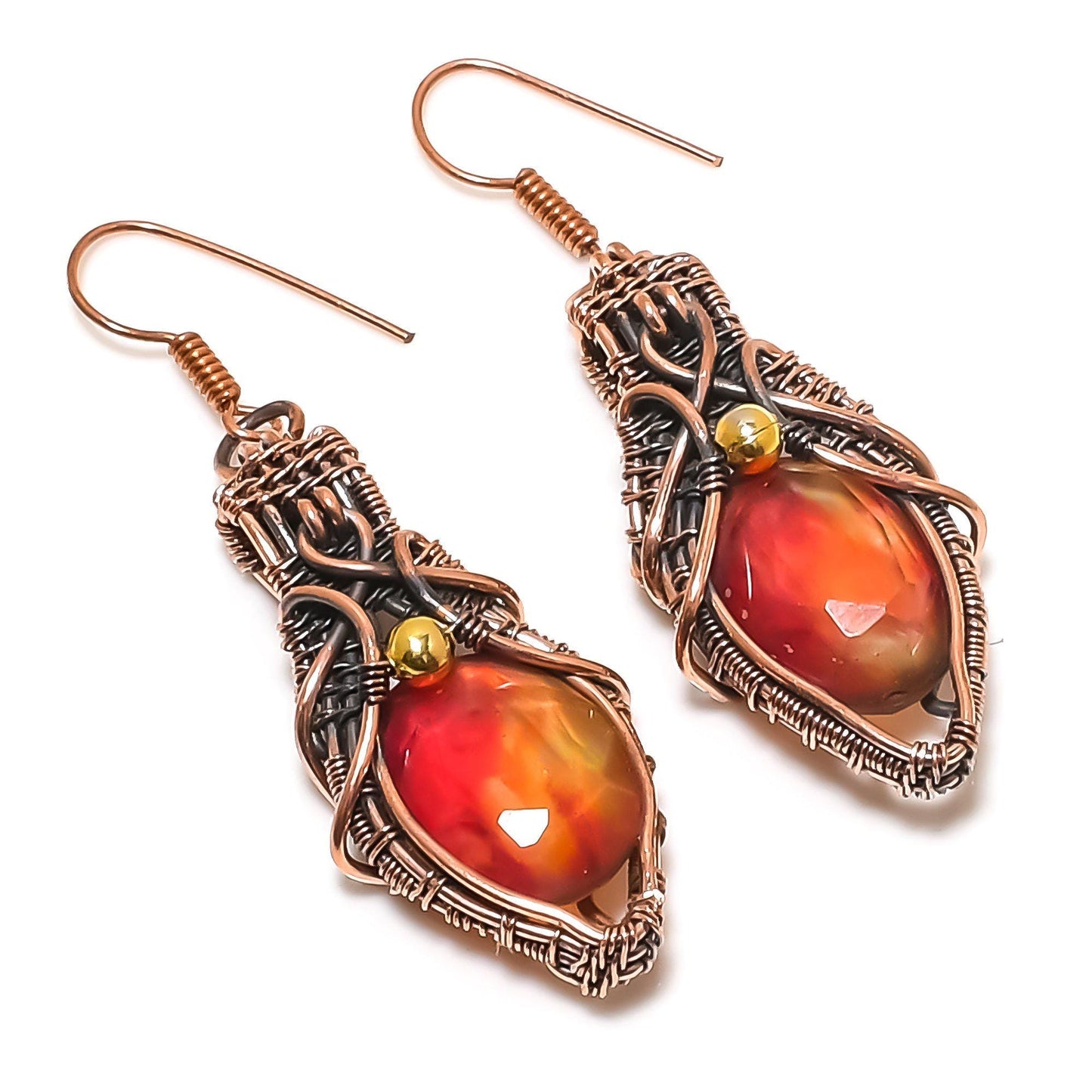 Multicolor Ammolite Gemstone Copper Wire Wrapped Dangle Earrings