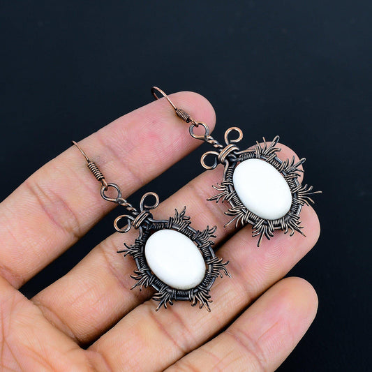 White Coral Gemstone Copper Dangle Earrings