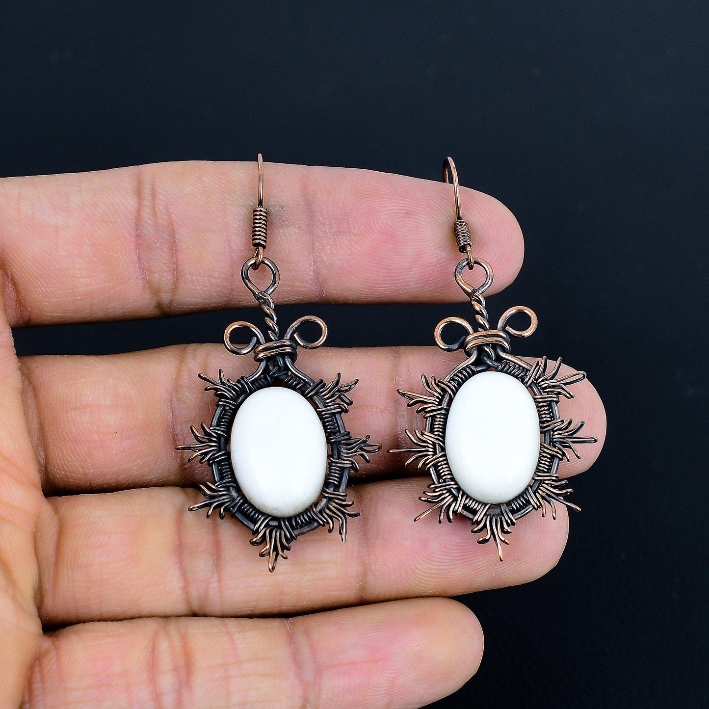 White Coral Gemstone Copper Dangle Earrings