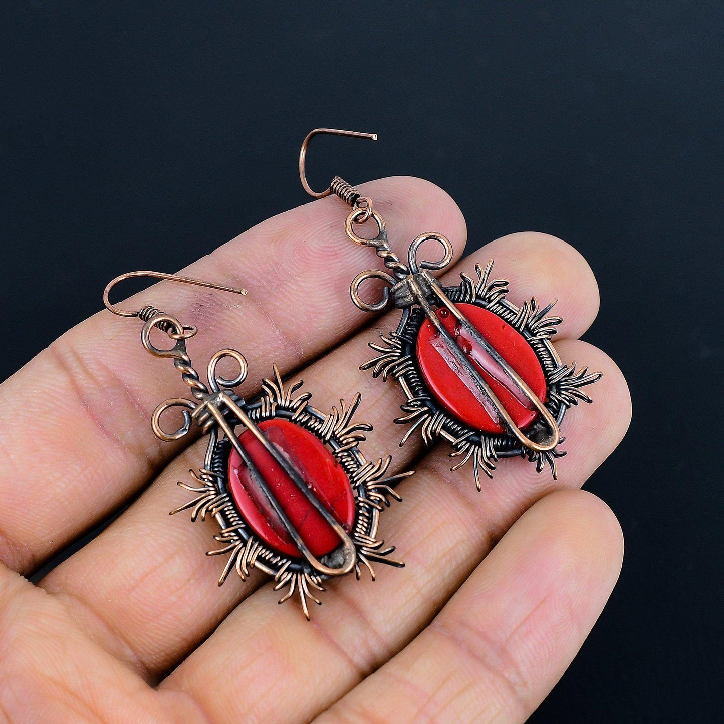 Red Coral Gemstone Copper Earrings