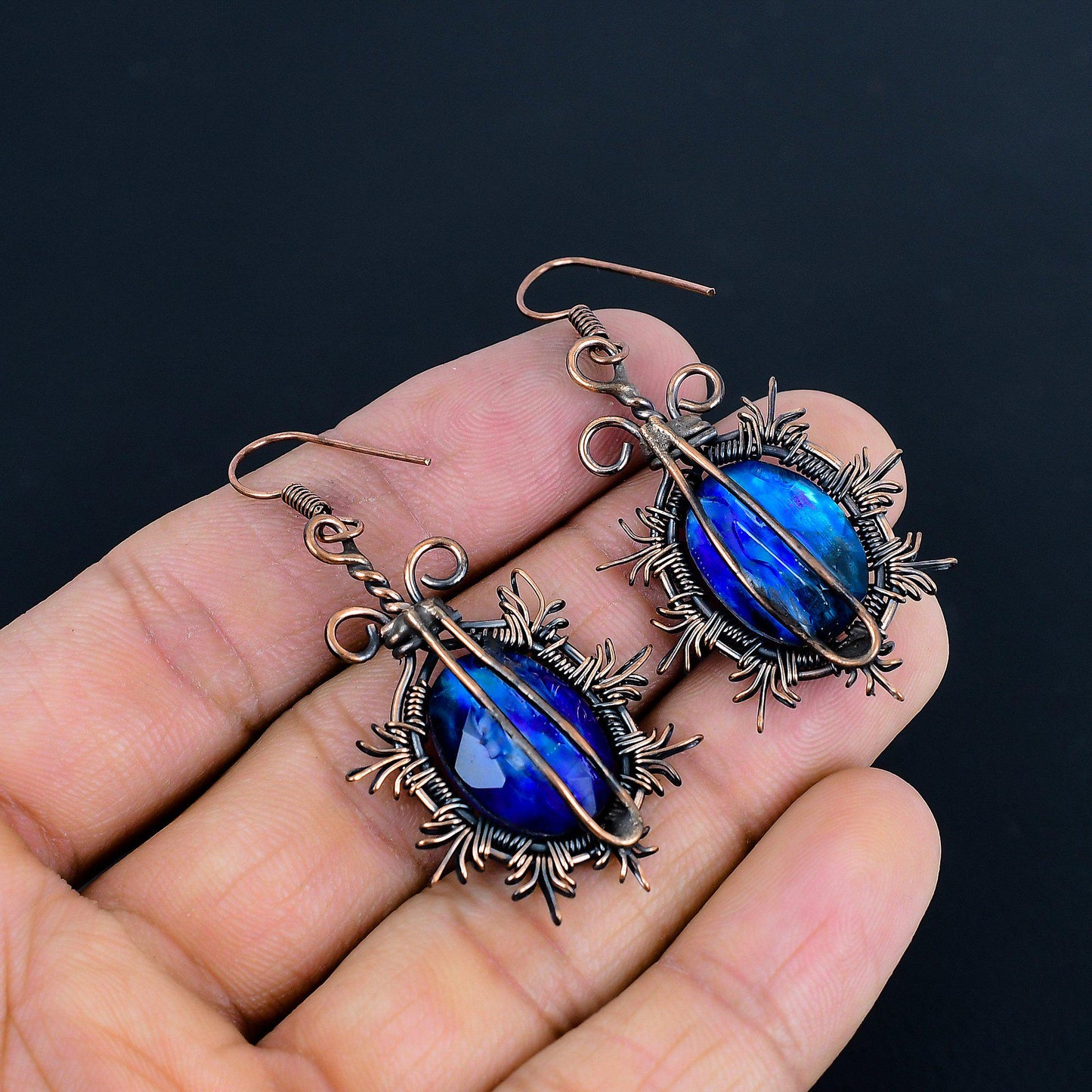Multicolor Ammolite Gemstone Copper Wire Wrapped Earrings