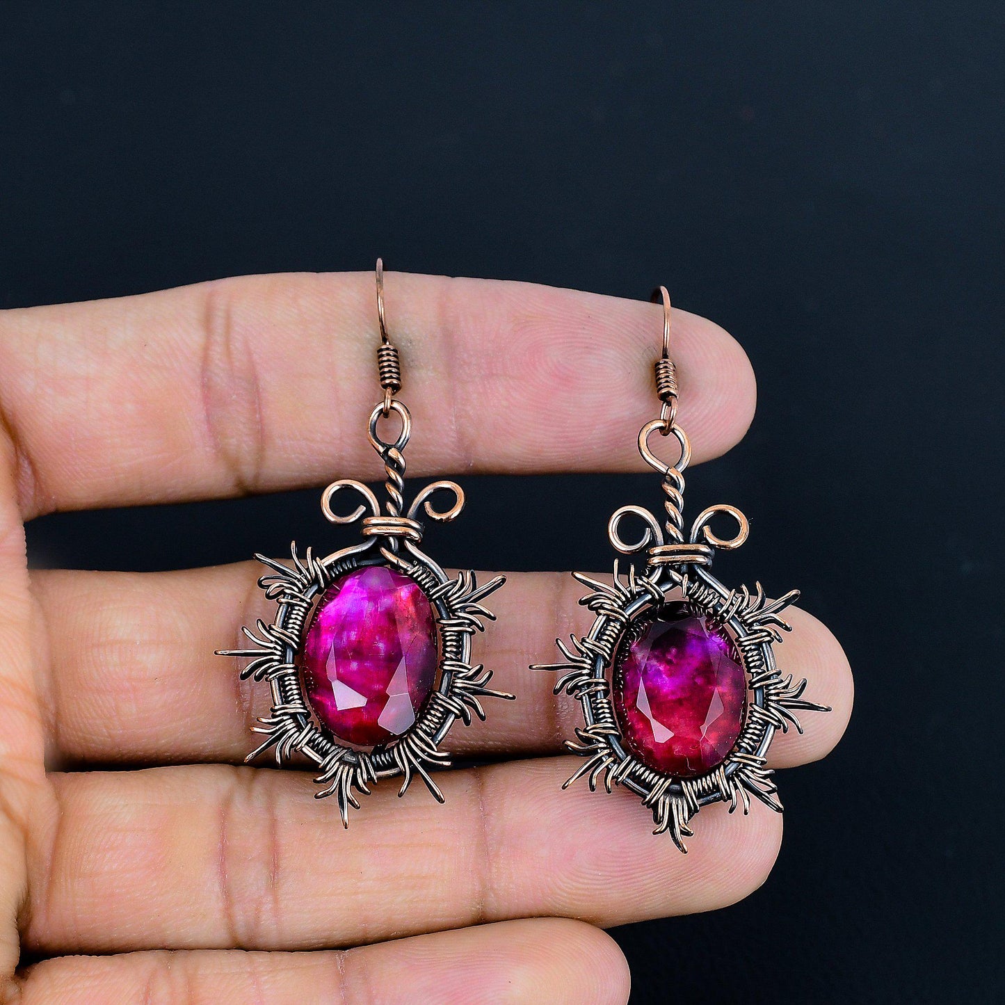 Rainbow Ammolite Gemstone Copper Dangle Earrings