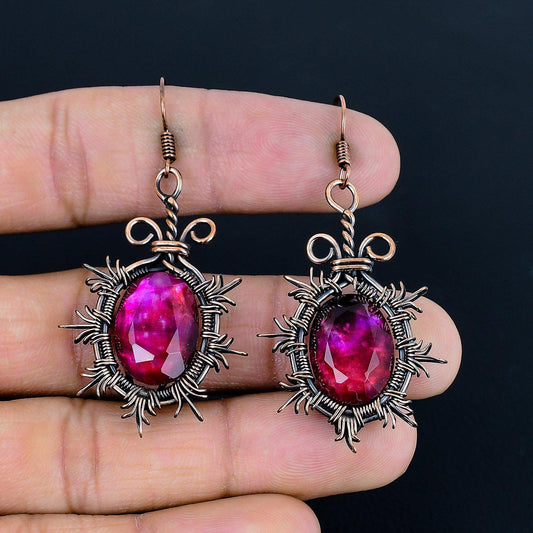 Rainbow Ammolite Gemstone Copper Dangle Earrings