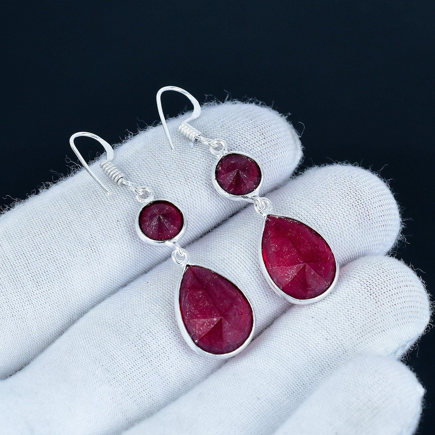 Red Ruby Cabochon Sterling Silver Earrings