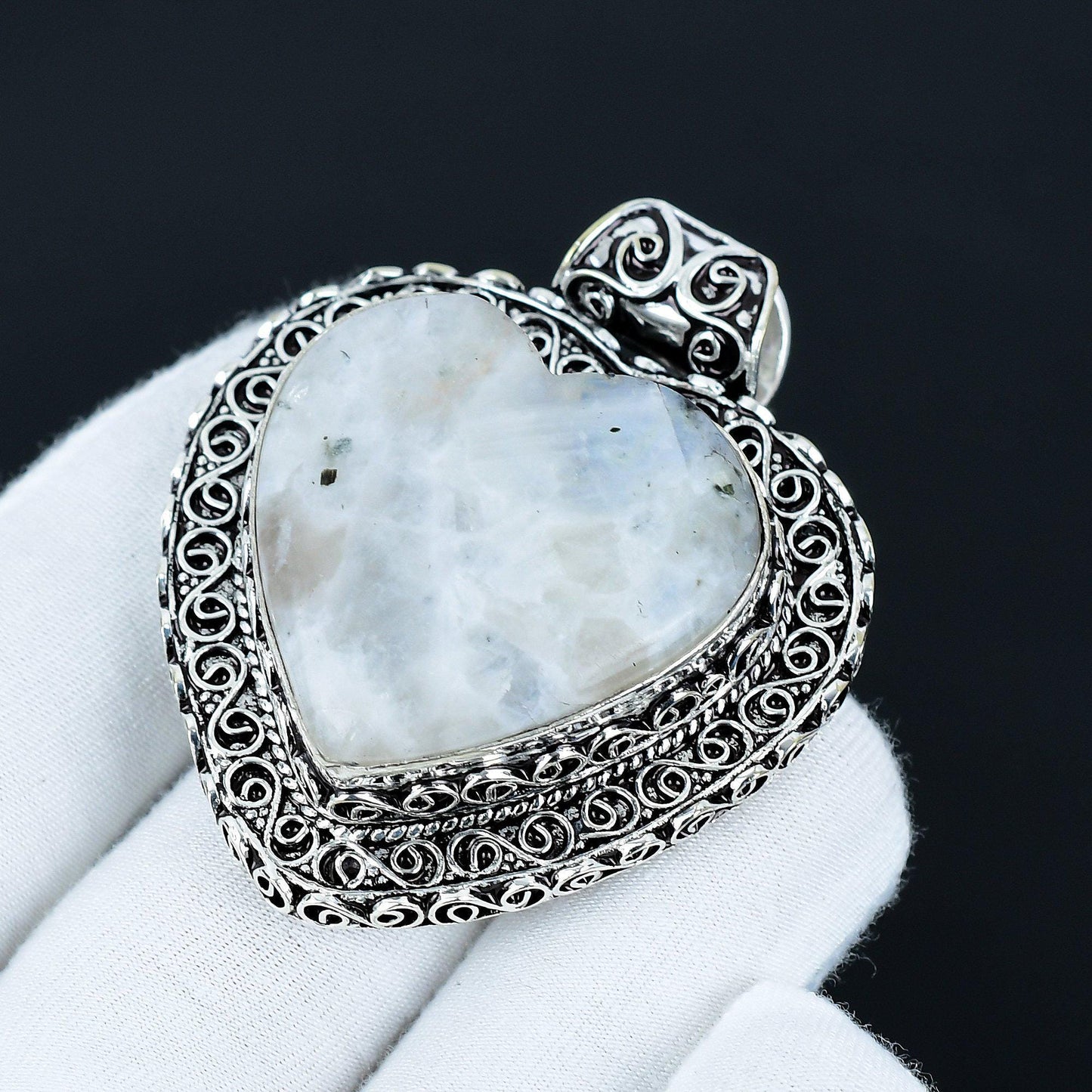 Sterling Silver Rainbow Moonstone Heart Pendant