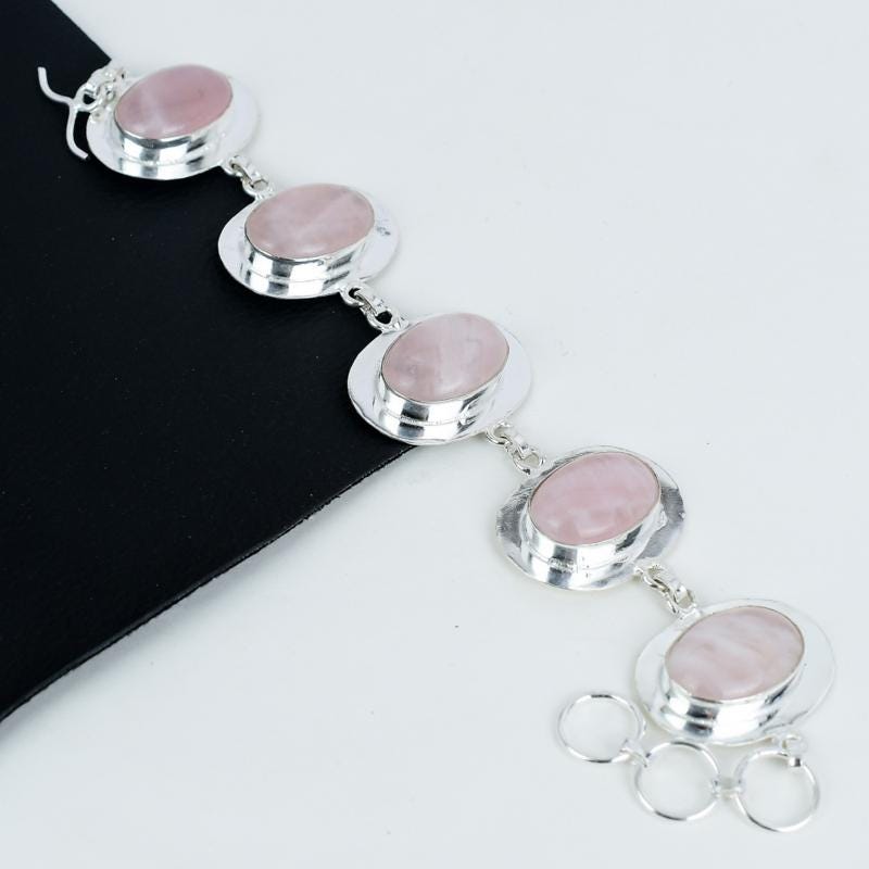 Pink Rose Quartz Sterling Silver Bracelet