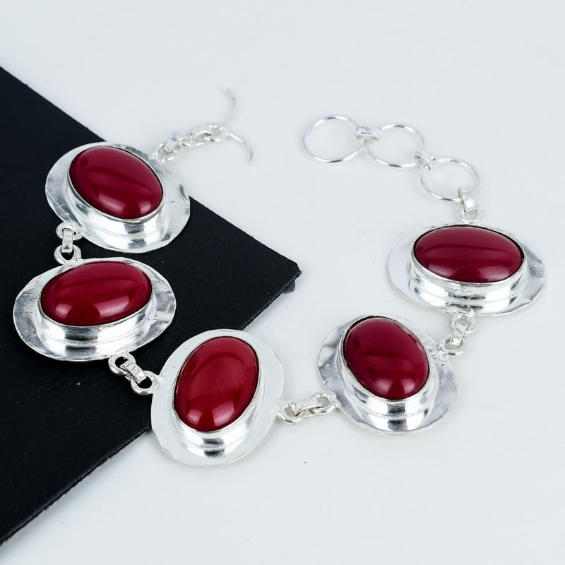 Red Coral Gemstone Silver Adjustable Bracelet
