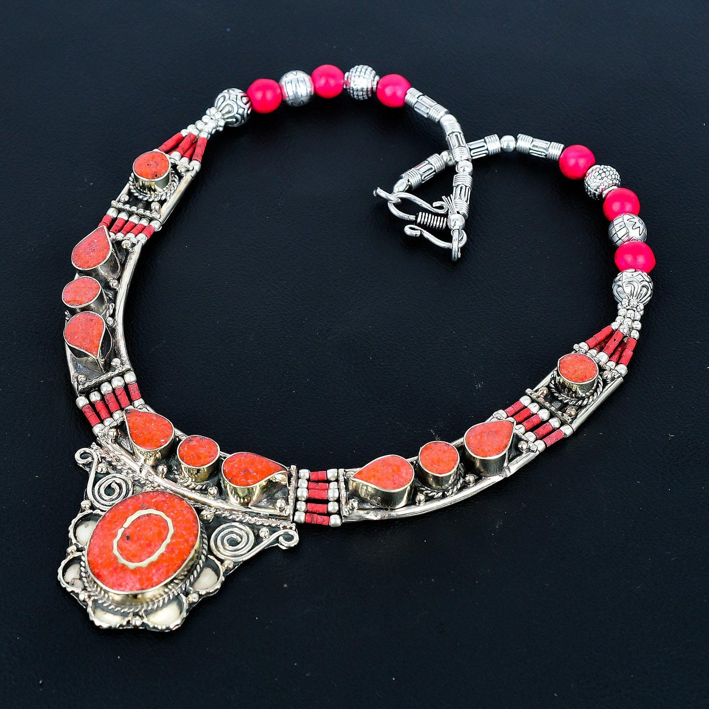 Red Coral Gemstone Sterling Silver Necklace