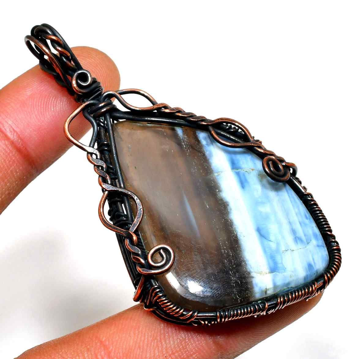 Serenity’s Embrace – Blue Lace Agate Copper Pendant