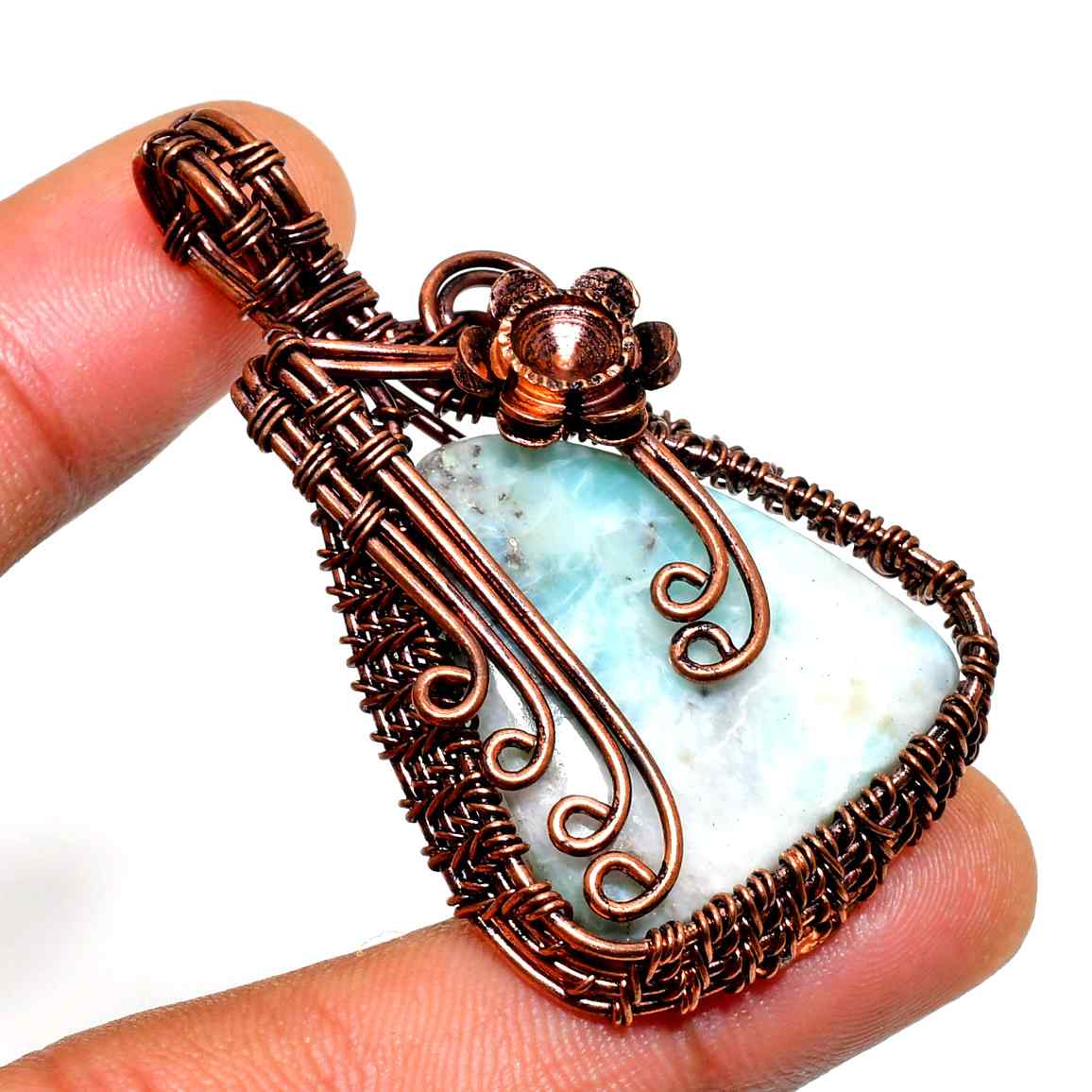 Ocean’s Embrace – Copper-Wrapped Larimar Pendant