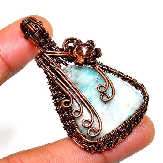 Ocean’s Embrace – Copper-Wrapped Larimar Pendant