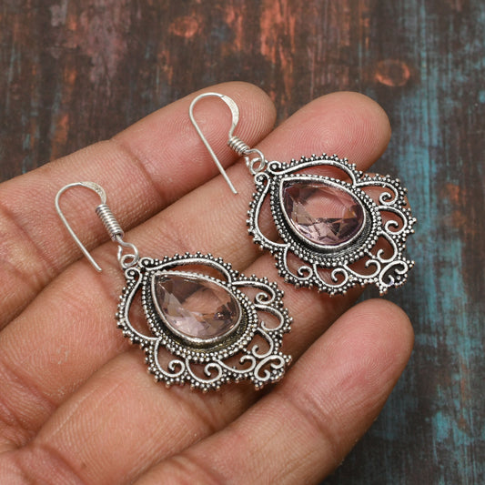 Amora’s Whisper – Rose Quartz Filigree Silver Earrings