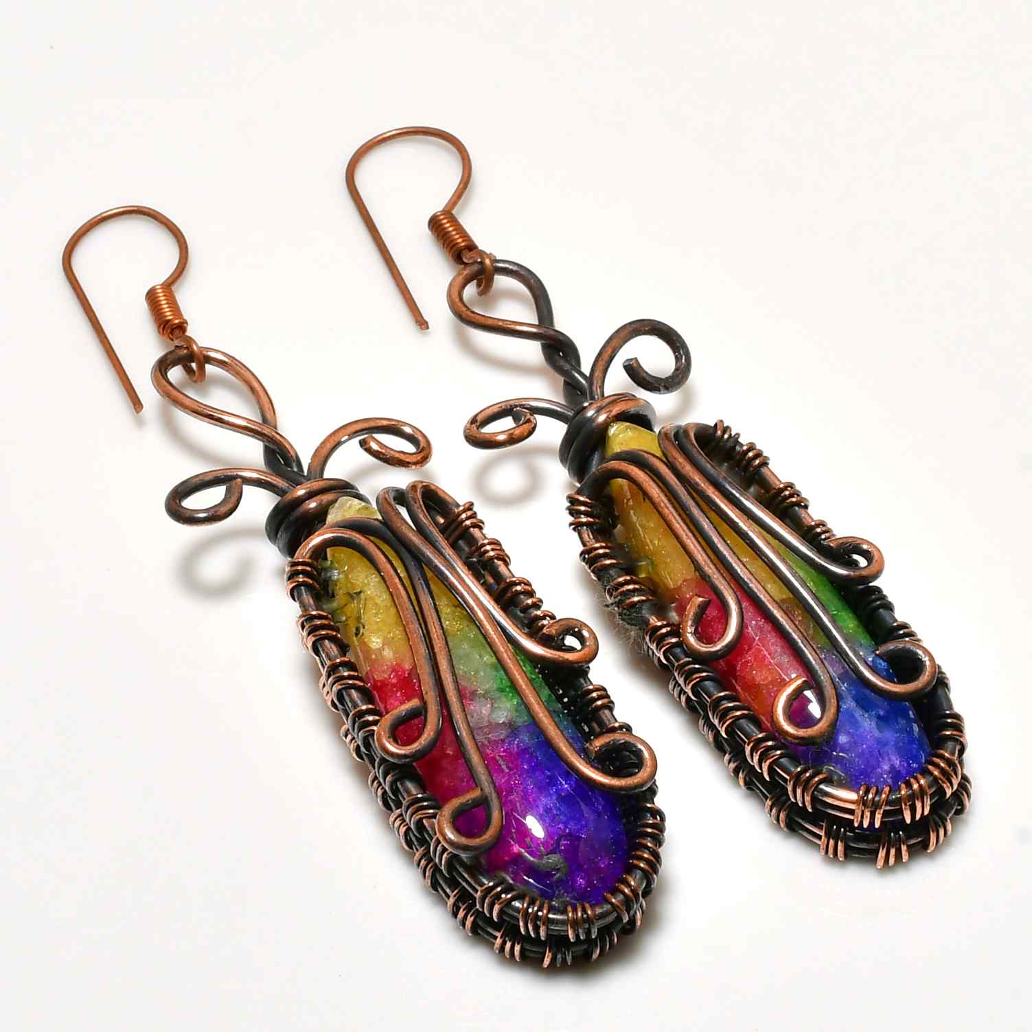 Aurora’s Embrace – Rainbow Aura Quartz Copper Earrings