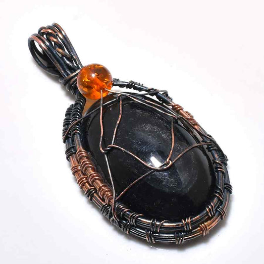 Obsidian Aegis – Copper Wire Pendant