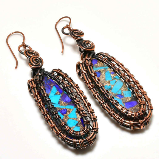 Azure Mosaic – Copper-Wrapped Turquoise Earrings