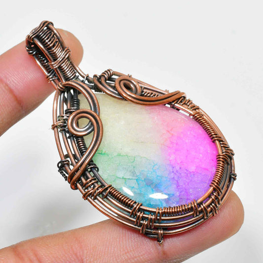 Prismatic Harmony – Rainbow Aura Quartz Copper Pendant