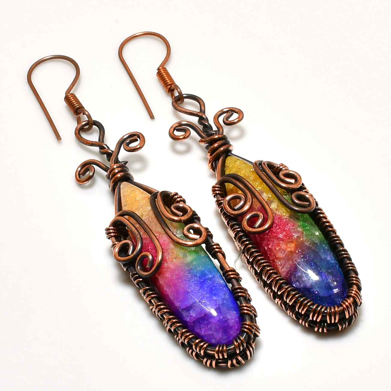 Prism Echo – Rainbow Amethyst Copper Earrings