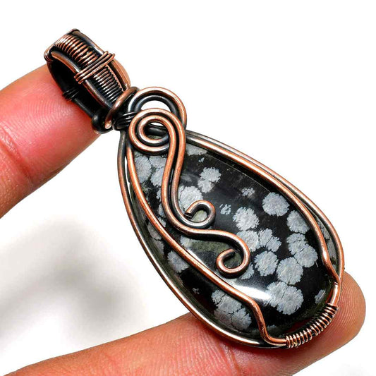 Obsidian Harmony – Copper-Wrapped Snowflake Obsidian Pendant
