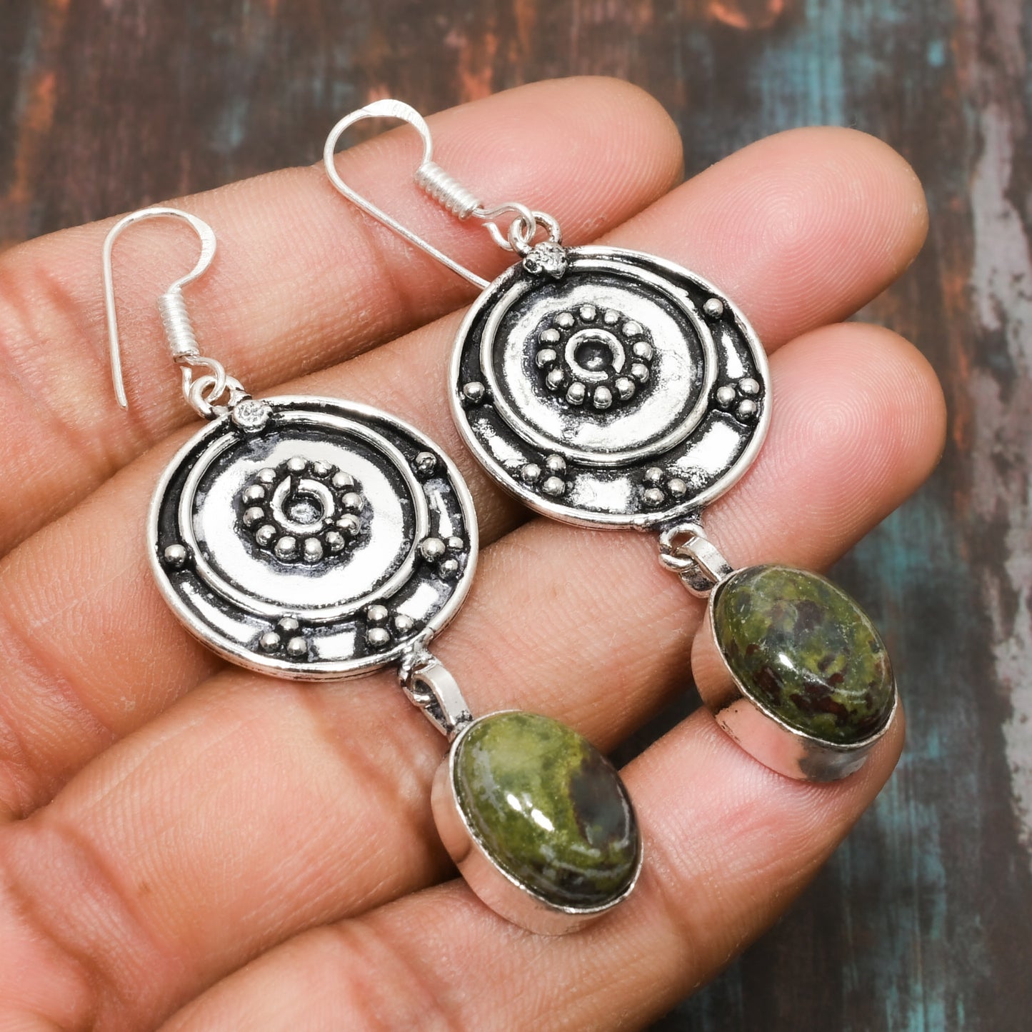 Serpent’s Dance – Silver & Unakite Earrings
