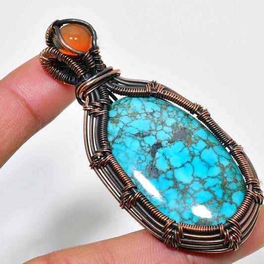 Azure Harmony – Turquoise & Carnelian Copper Pendant