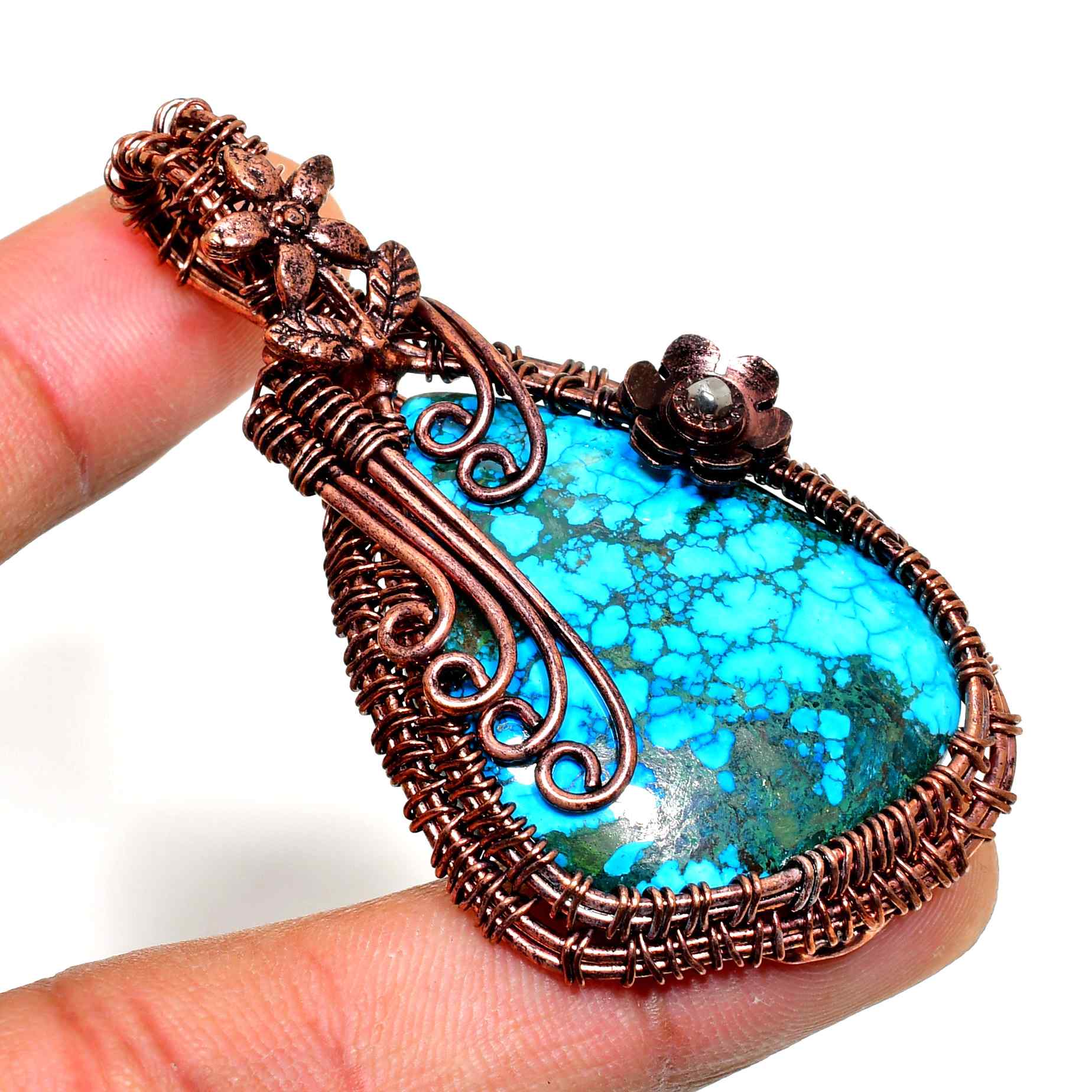 Turquoise Blossom – Oxidized Copper Wire Pendant