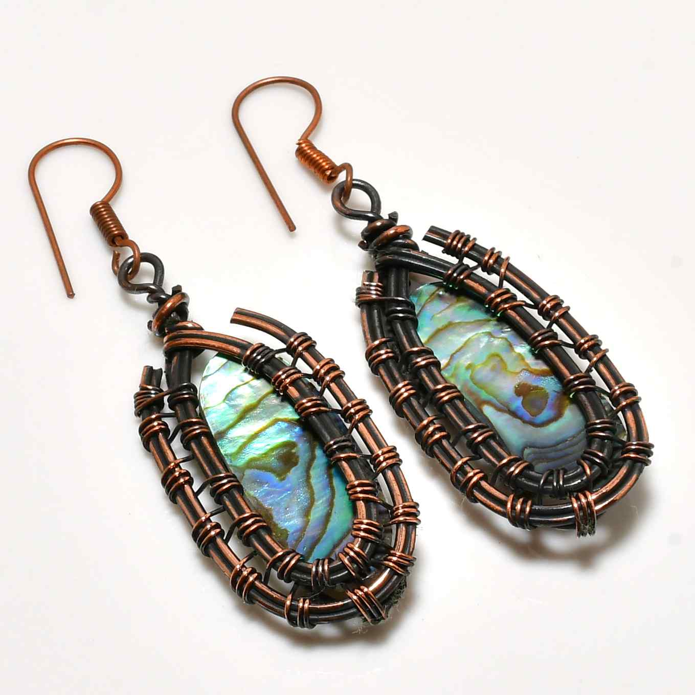 Ocean’s Embrace – Abalone & Oxidized Copper Earrings