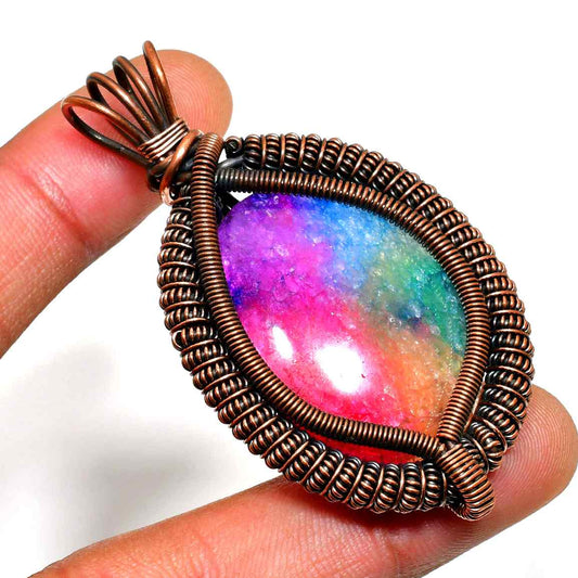 Woven Spectrum – Multi-Colored Druzy Copper Pendant