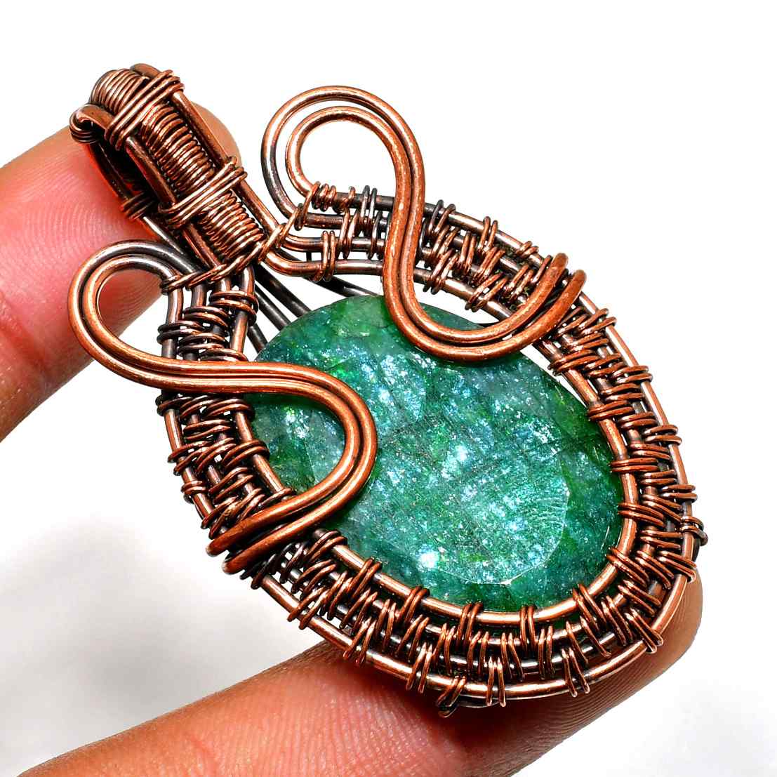 Gaia’s Embrace – Copper-Wrapped Emerald Pendant