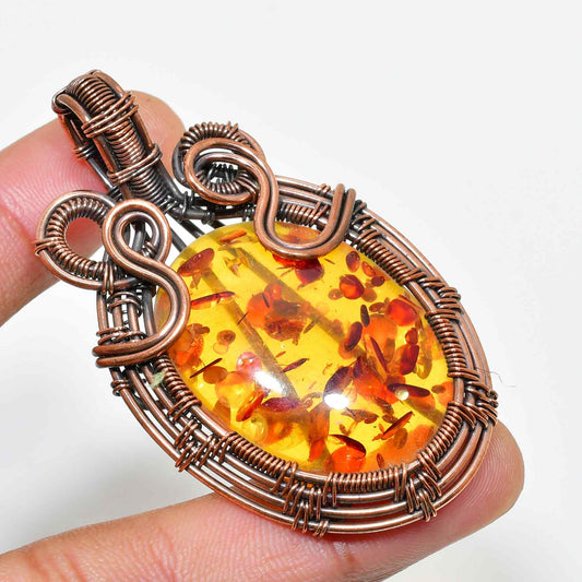 Amber Embrace – Copper Wire-Wrapped Pendant
