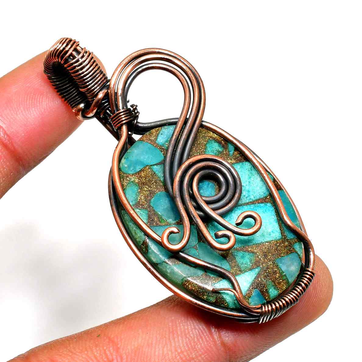 Ocean’s Whisper – Turquoise & Goldstone Copper Pendant