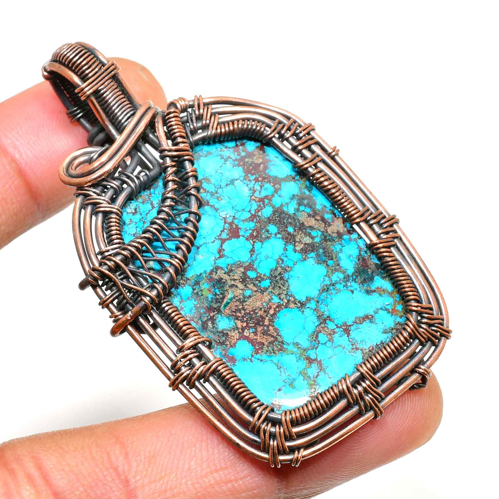Turquoise Whisper – Hand-Wrapped Antique Copper Pendant