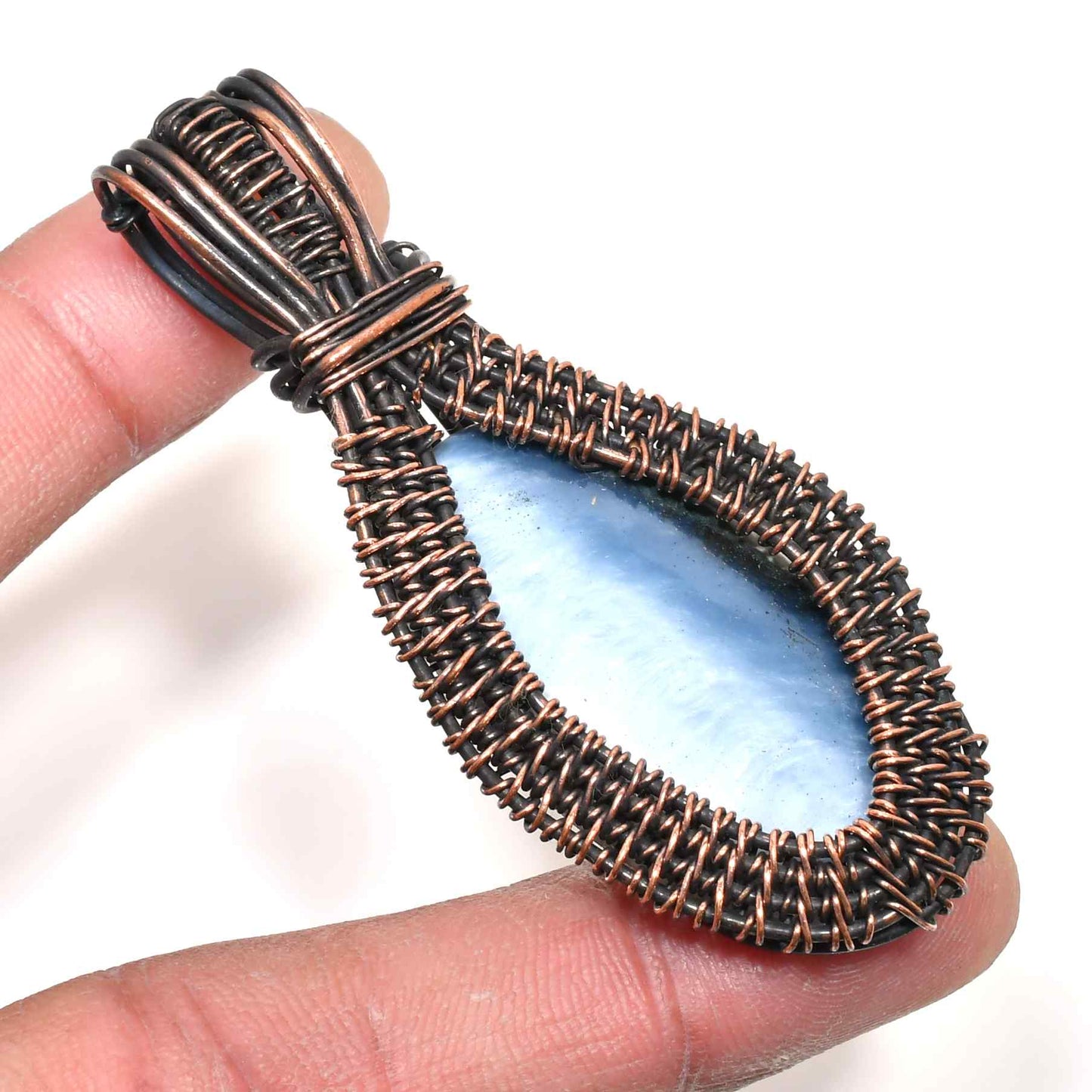 Ember’s Embrace – Blue Lace Agate Copper Pendant