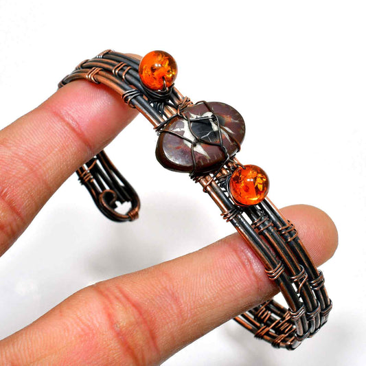 Amber Embrace – Copper Wire-Wrapped Bracelet