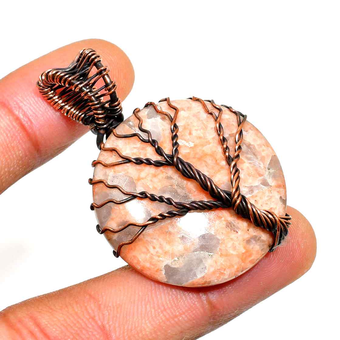 Moonlit Grove – Peach Moonstone Copper Pendant