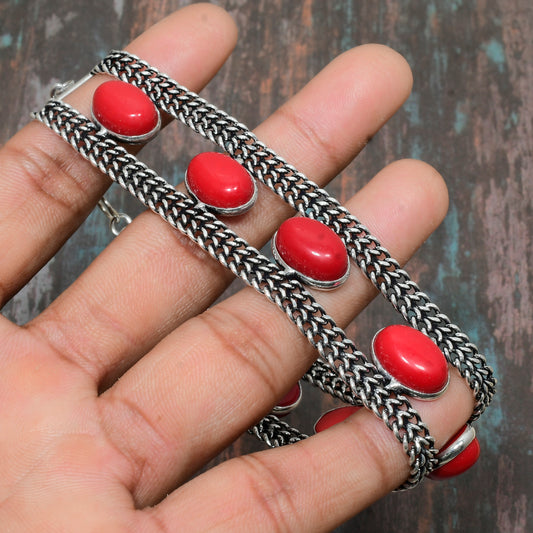 Crimson Dreams – Coral & Silver Woven Bracelet