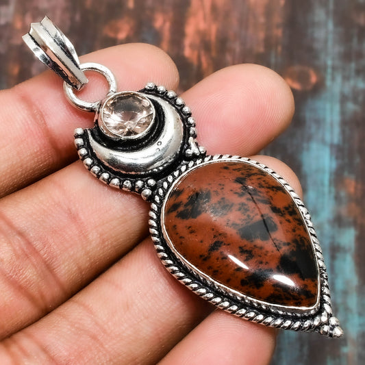 Ember’s Whisper – Mahogany Obsidian & Topaz Pendant