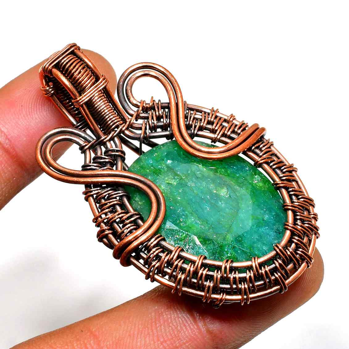 Emerald Embrace – Copper Wire Pendant