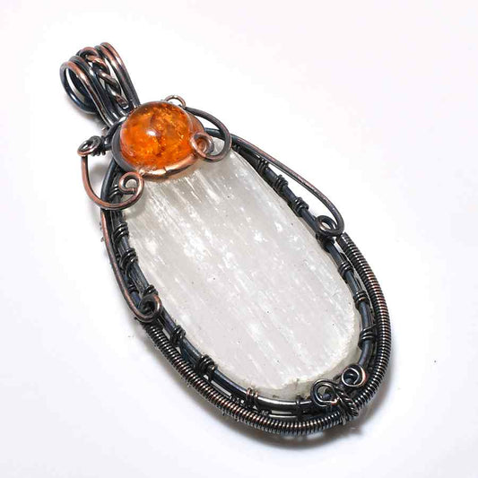 Serenity’s Glow – Selenite & Amber Copper Pendant