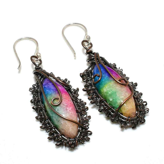 Aurora’s Embrace – Rainbow Aura Quartz Copper Earrings