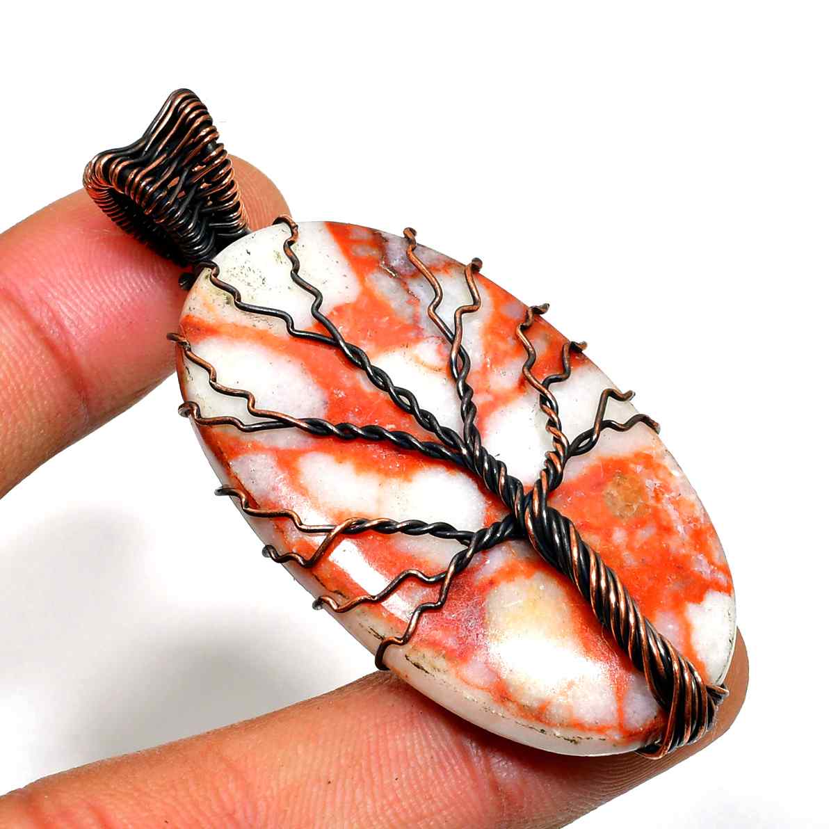Gaia’s Roots – Red & White Agate Copper Tree of Life Pendant