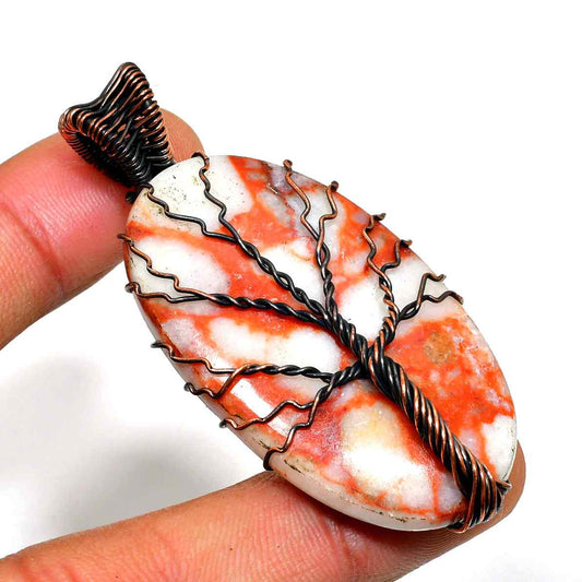 Gaia’s Roots – Red & White Agate Copper Tree of Life Pendant