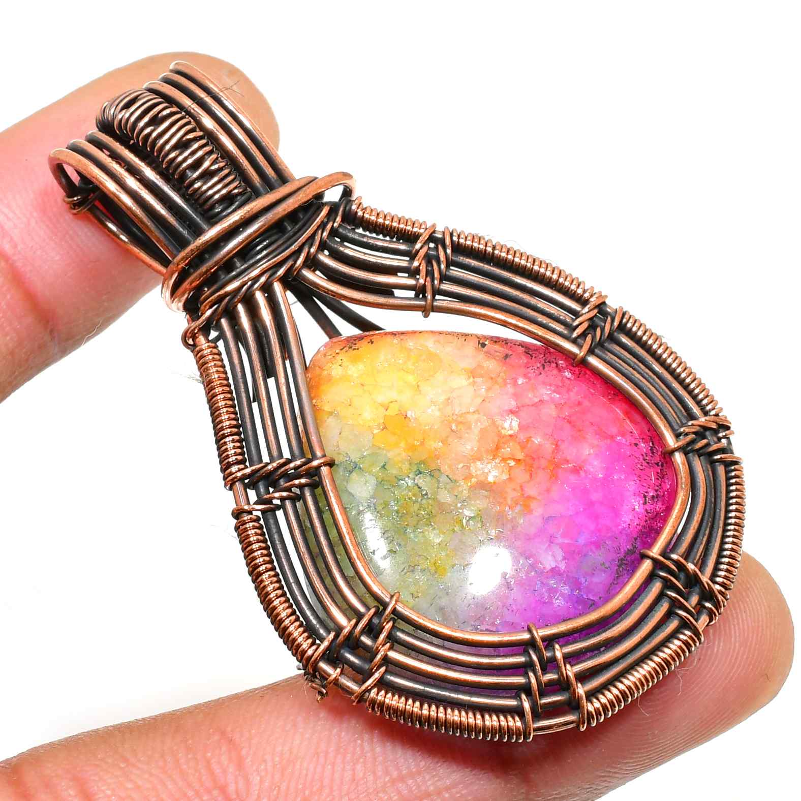 Aurora’s Embrace – Rainbow Aura Quartz Copper Pendant