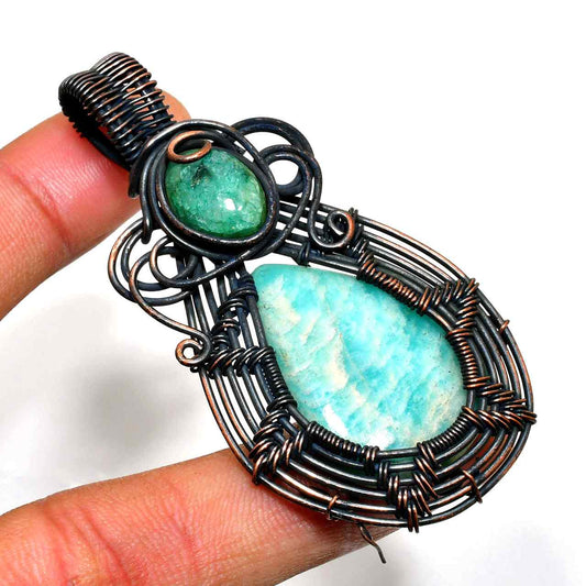 Whispering Tide – Aqua Chalcedony & Emerald Copper Pendant
