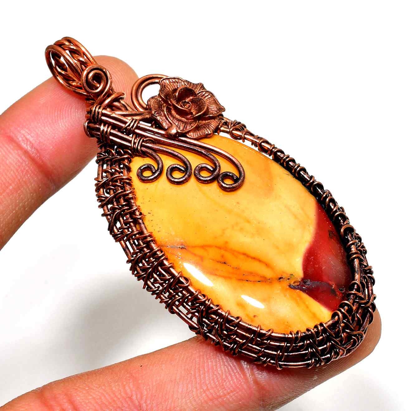 Ember’s Embrace – Handwoven Amber & Copper Pendant