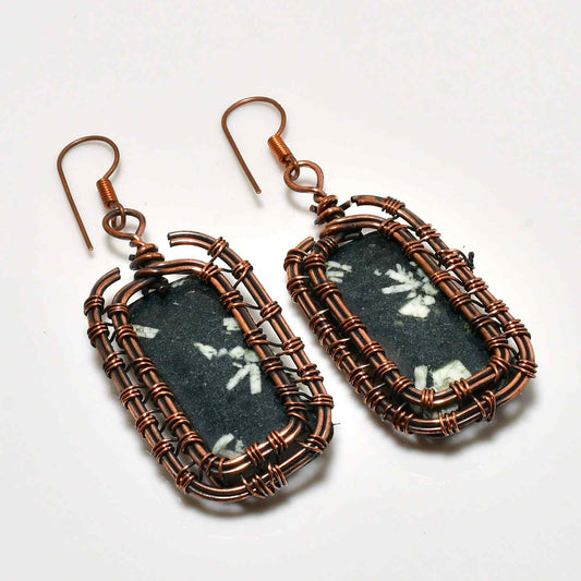 Frosted Harmony – Snowflake Obsidian Copper Earrings